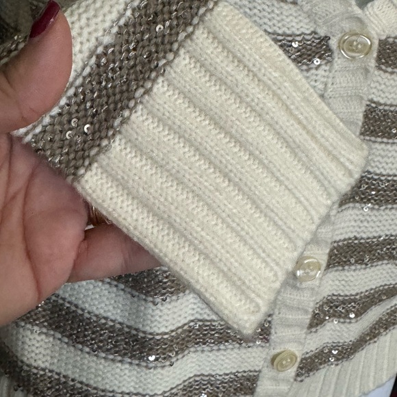 CROPPED STRIPED SEQUINED CARDIGAN/SWEATER. ARIZONA CABLE KNIT, 5 BUTTON UP STYLE - Picture 8 of 16
